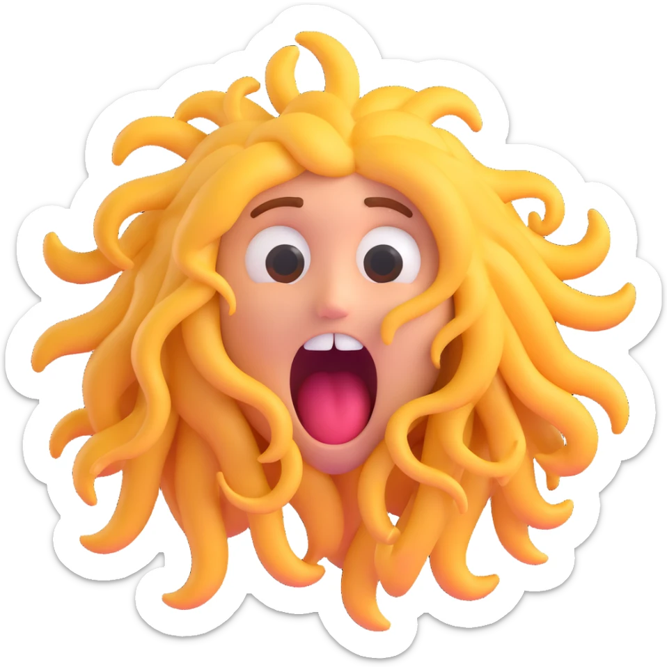 emoji with tangled hair, tired eyes, mouth open in a dramatic scream, showing extreme exhaustion sticker