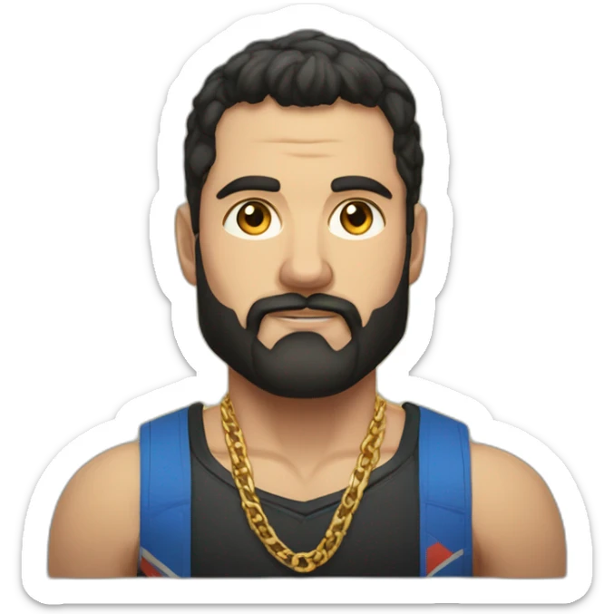 Russian strong man aged 30 wearing gold chain with black hair and short beard sticker