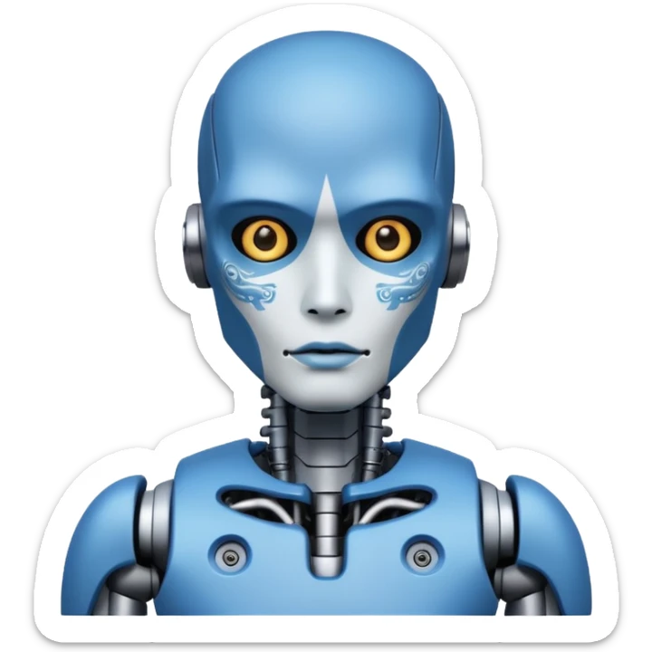 blue Tatooed robot, big many tatooes on chest, neck and face, white tatoo on face sticker