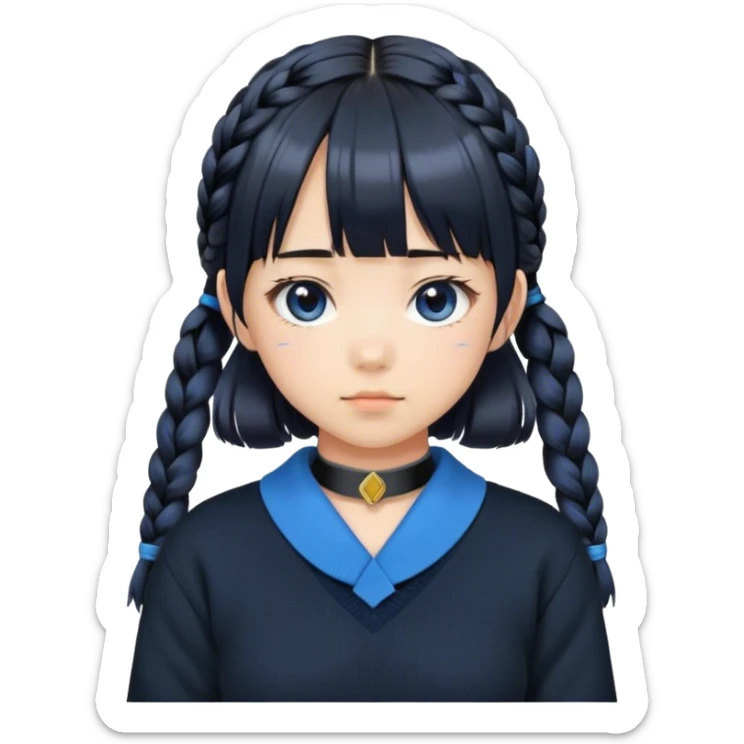 A Japanese girl with double braids and bangs wearing a black sweater with a blue collar sticker