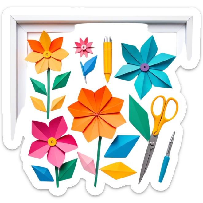Paper crafting icon, various paper crafts like origami, 3D paper flowers, and scrapbooking materials, visible tools such as scissors, glue stick, and colour paper sheets, colorful paper patterns, minimalistic style, clean lines, transparent background. sticker