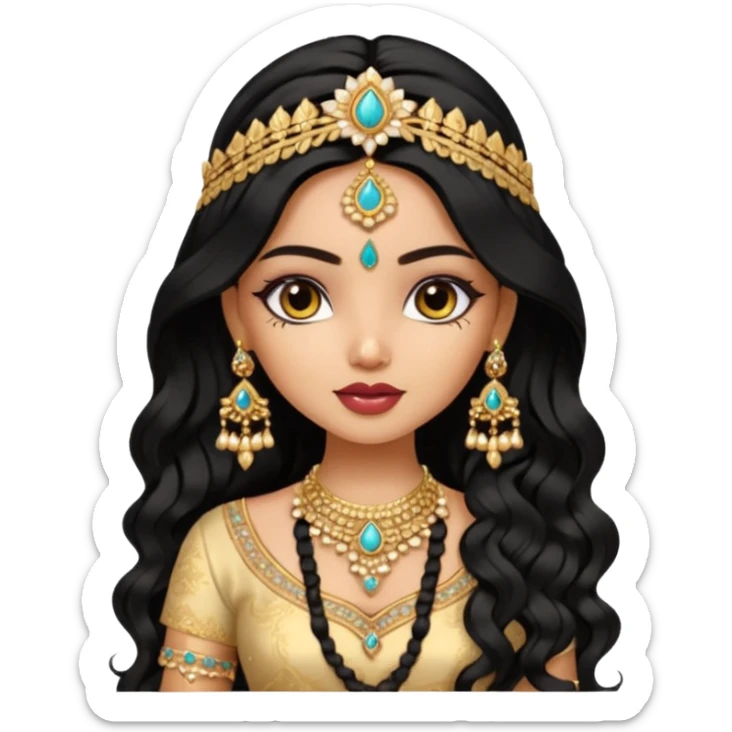 a pretty bratz fair indian girl wearing an indian wedding outfit,  golden jewellery, black wavy hair sticker