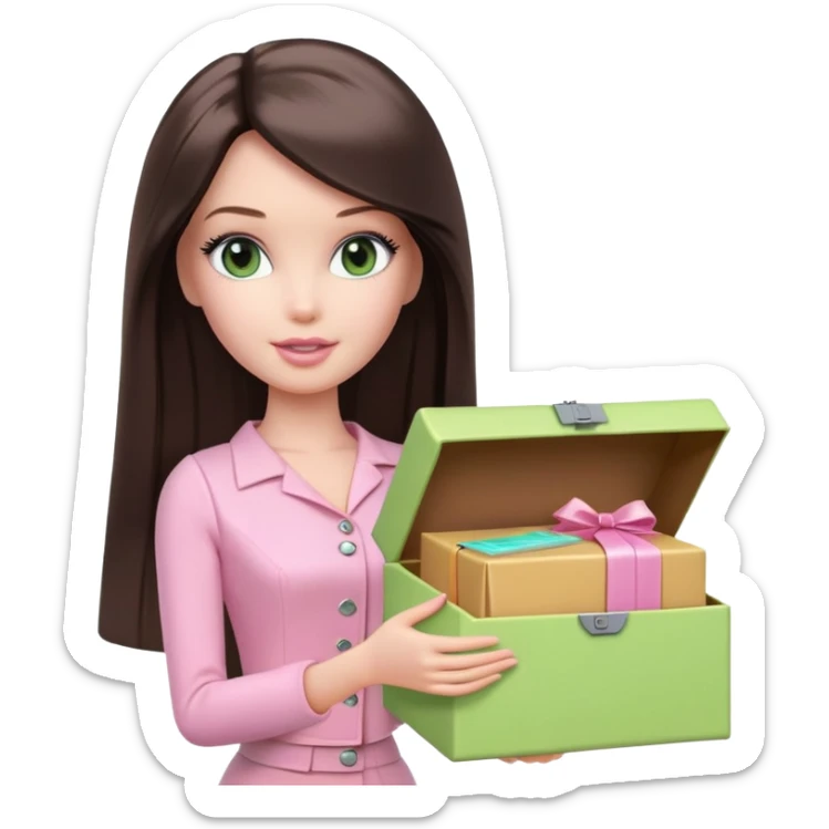A white Barbie girl with long dark brown straight hair in pale pink clothes holds pale green box sticker