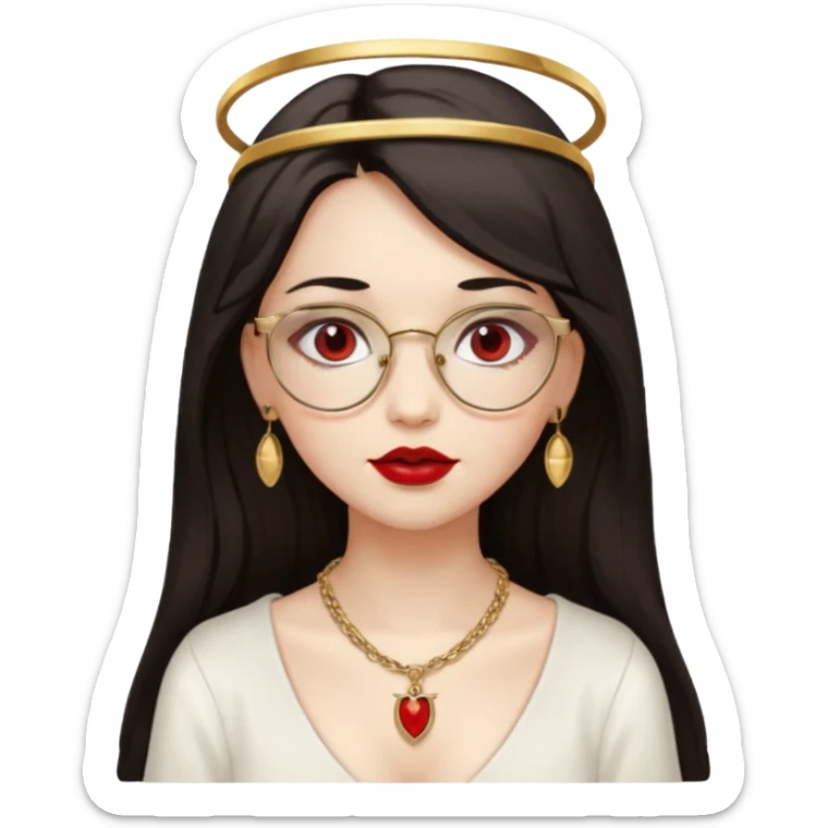 Angel girl with eyeglasses and long dark hair with red lipstick  and push gold necklaces and dark eyes sticker