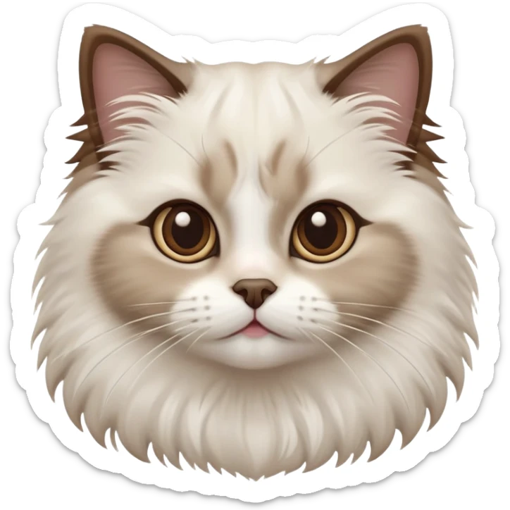 cinematic-adorable-big-eyed-fluffy-white brown-ragdoll-cat-portrait-emoji,-head-tilted-playfully-with-a-sweet-expression,-fluffy-brown seal colour with white-fur,-simplified-yet-irresistibly-cute-features-with-large,-expression, sticker