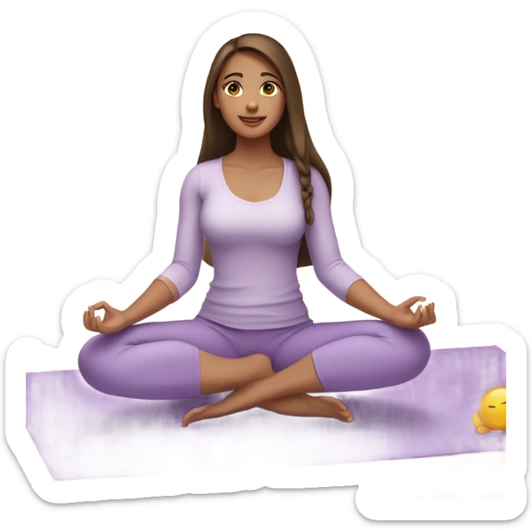 Brunette long hair and brown eyes yoga beautiful girl in light purple clothes sitting on a yoga mat sticker