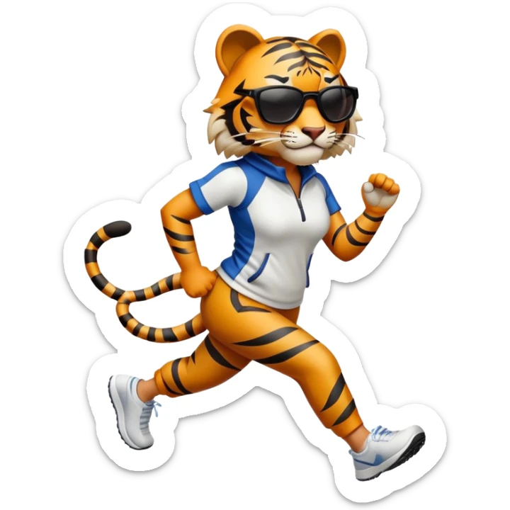 female energetic anthropomorphised tiger in sports clothes, wearing dark sunglasses, walking upright, dynamic pose sticker