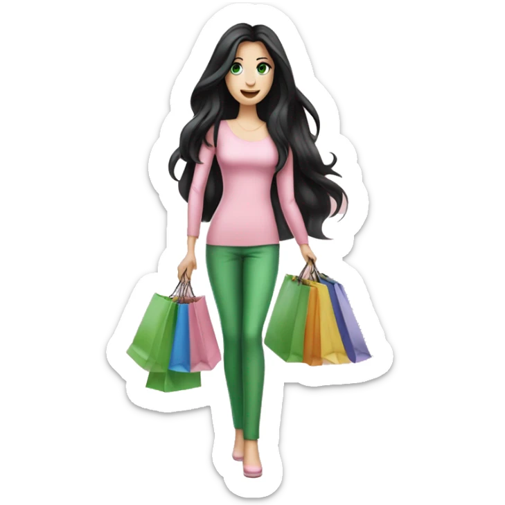 pretty white woman with very long black hair and green eyes and light pink outfit holding a ton of shopping bags sticker