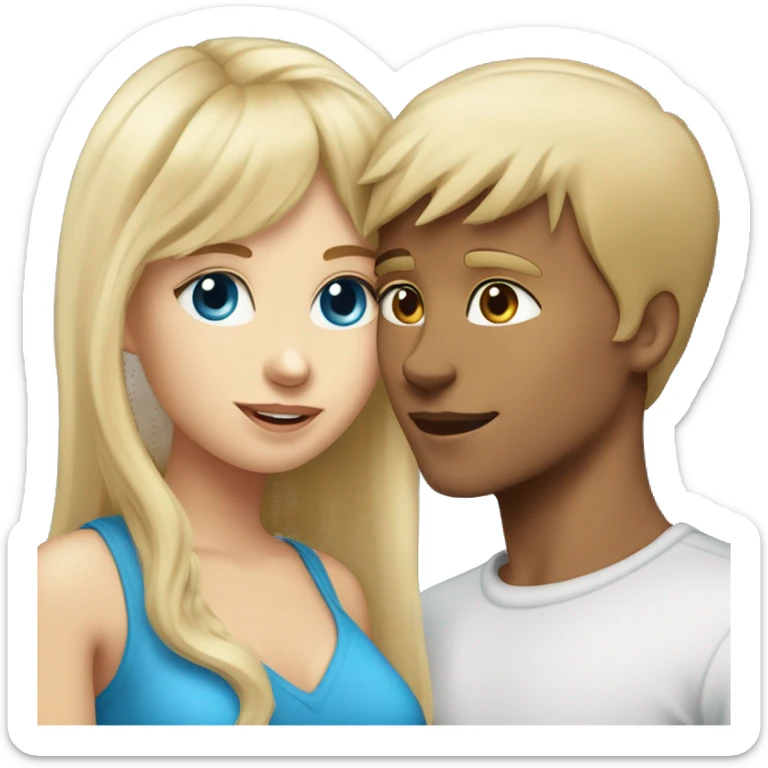 Girl with long back hair with bangs and tan skin kissing a boy with blonde hair blue eyes and white skin sticker