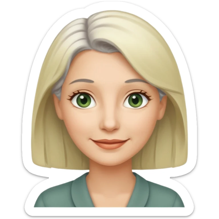 a woman in her late 40s and has greyish greenish eyes and blonde and grey hair sticker