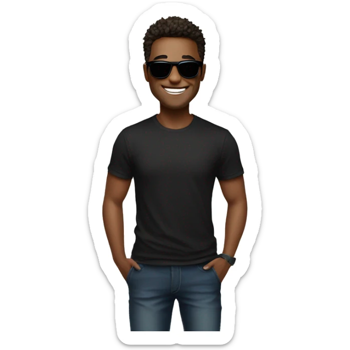 A man with short, tousled hair wearing sunglasses and a black t-shirt with a graphic design, smiling at the camera in a well-lit indoor setting. sticker