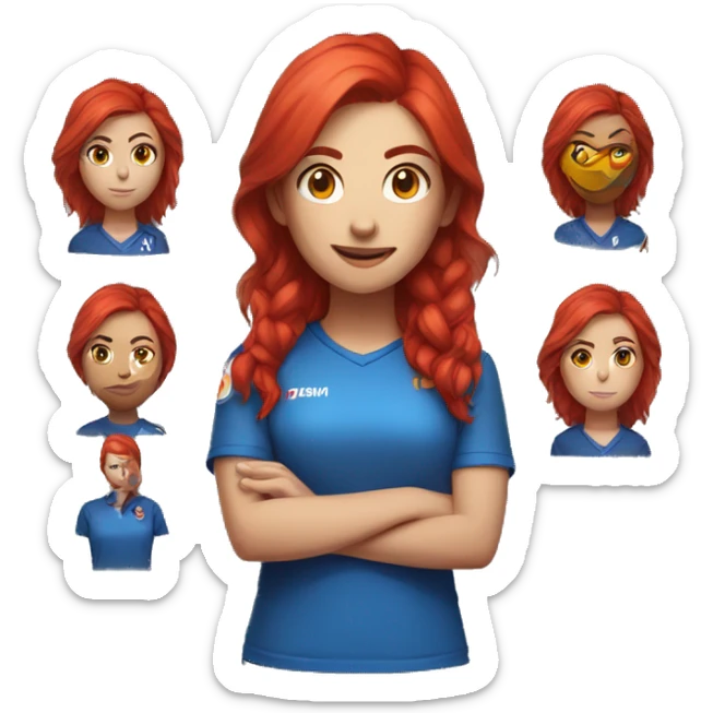 a female esports coach with red hair and blue shirt.  sticker