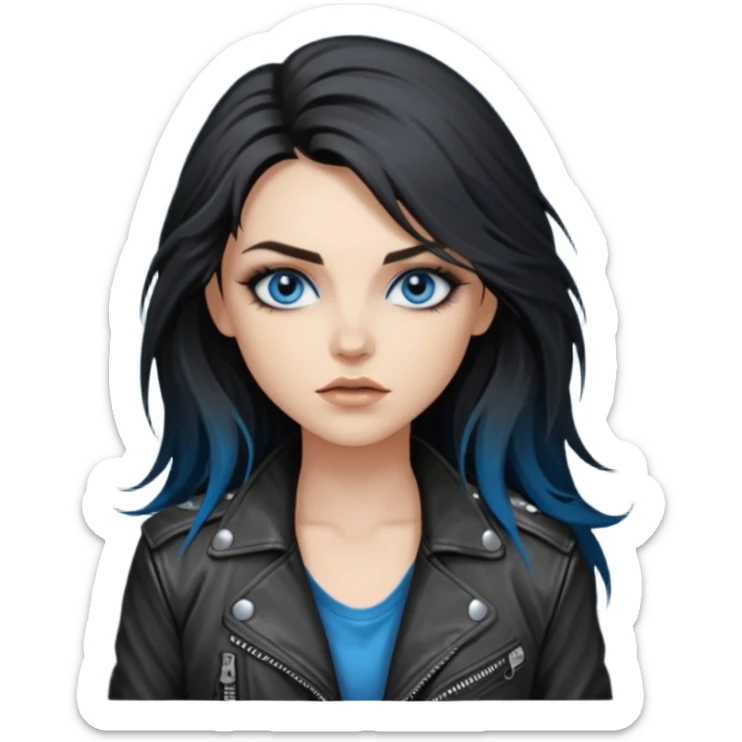 
 rockstar girl with long black disheveled hair, blue eyes, Smokey eyes grunge makeup, rocking  sticker