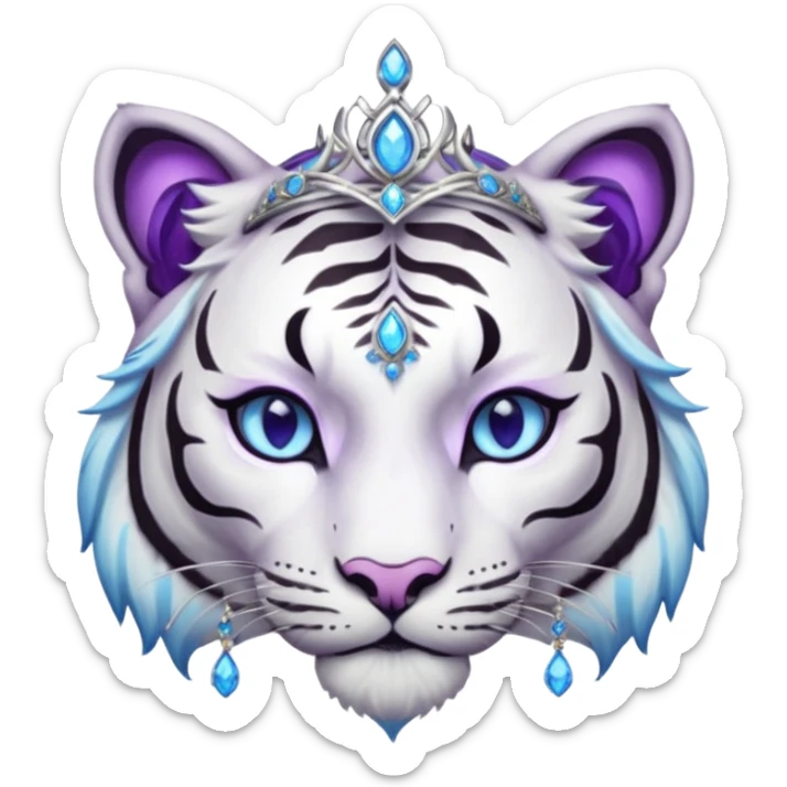 ESO Female white/black tiger khajiit leader of the umbral rose, glowing blue eyes, glowing blue 'third eye' gem; purple gemmed silver tiara sticker