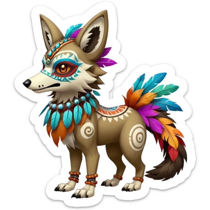 Furry cute colorful exotic tribal feral anime-styled Fakémon-Pokémon-animal-creature with a wolf-skull-head-mask-face, and colorful feathers around neck, with long furry ears, long furry tail, 4 legs, (full body), with intricate pattern-markings sticker