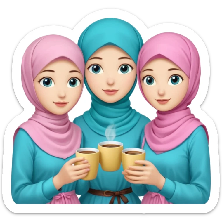 Turkish beautiful finish Konya three girls (friends) blue eyes with pink rose and turkis butter yellow hijab islamic dress and had on her hand turkish coffee   sticker