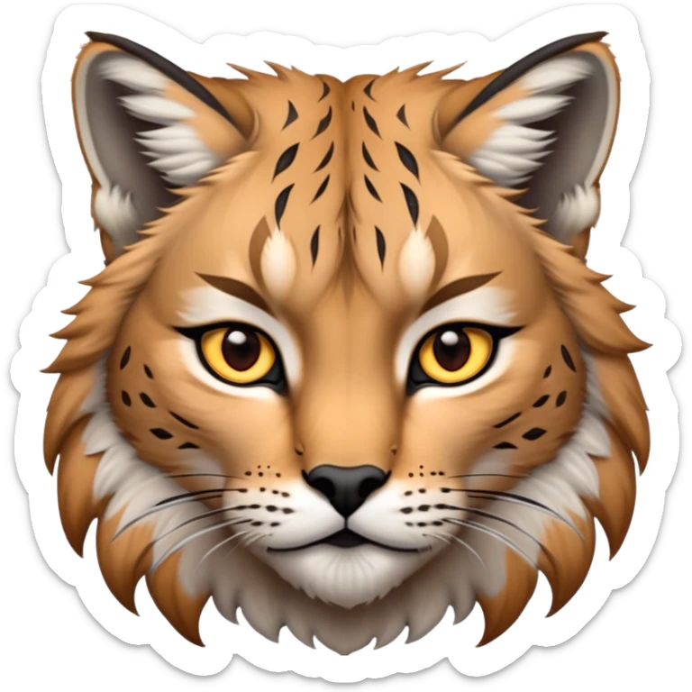 Cinematic-Noble realistic-Lynx-Portrait-Emoji – Poised and regal, with a strong, agile build and a strikingly patterned fur of warm tawny fur accented by bold black ear tufts, deep-set, intelligent amber eyes, simplified yet sharp and sophisticated. zoomed out to show shoulders sticker