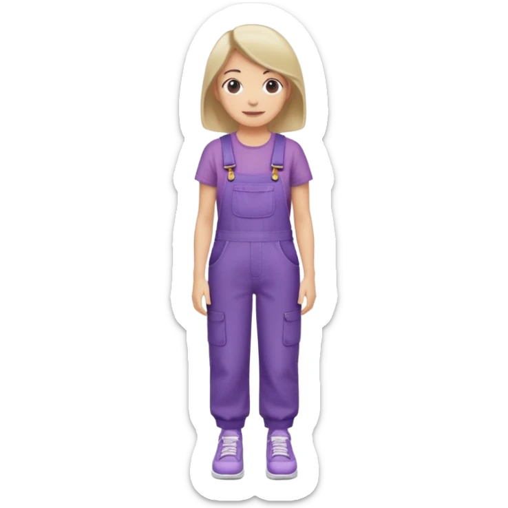 A woman emoji wearing purple overalls, with a neutral or slight smile, simple design, and casual style with white shoes sticker
