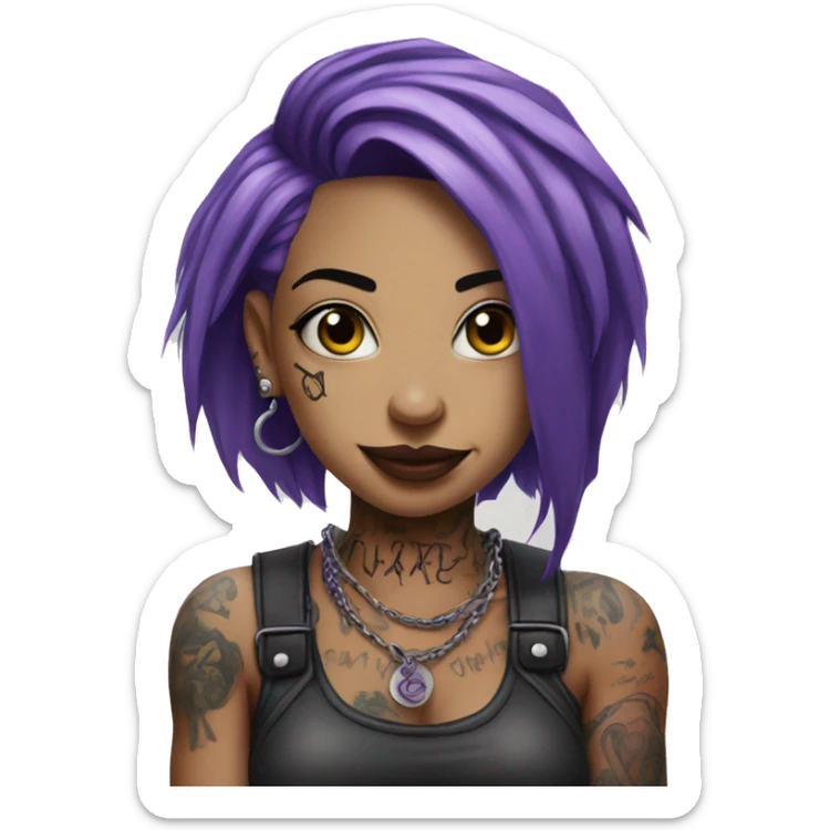 Woman with lots of tattoos abd piercings, wearing a metal band shirt, purple hair sticker