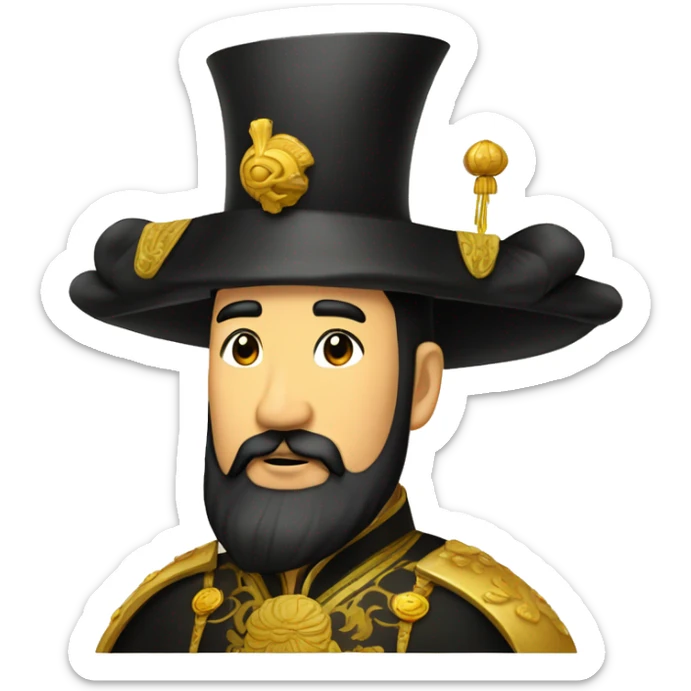 The Chinese emperor,with black hair and black beard,wore a high black golden hat  sticker