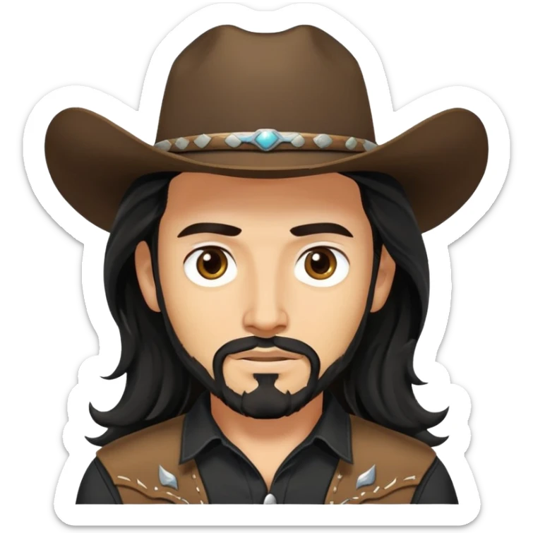 Cowboy with black long wavy hair, brown eyes, tan skin and light black goatee black shirt sticker