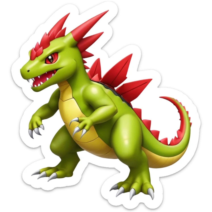 Cool cute shiny futuristic Guilmon-Flygon-Tyranitar-Digimon-hybrid-fusion, yellow belly, full body sticker