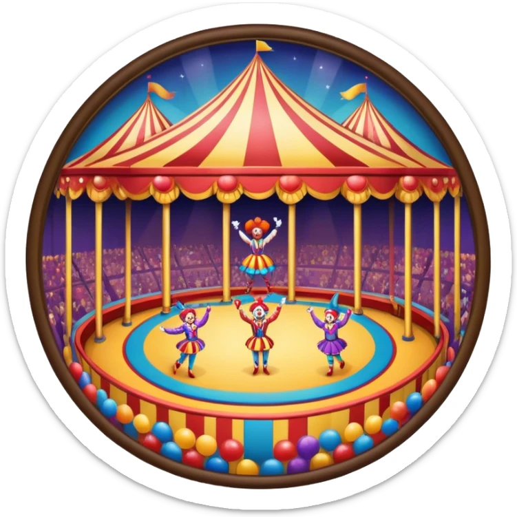 Icon for Circus Arts: a grand vibrant round circus arena with girls acrobats, a clown, and performing bears. The icon should capture the excitement and energy of the circus, with colorful costumes and a lively atmosphere. Transparent background. sticker