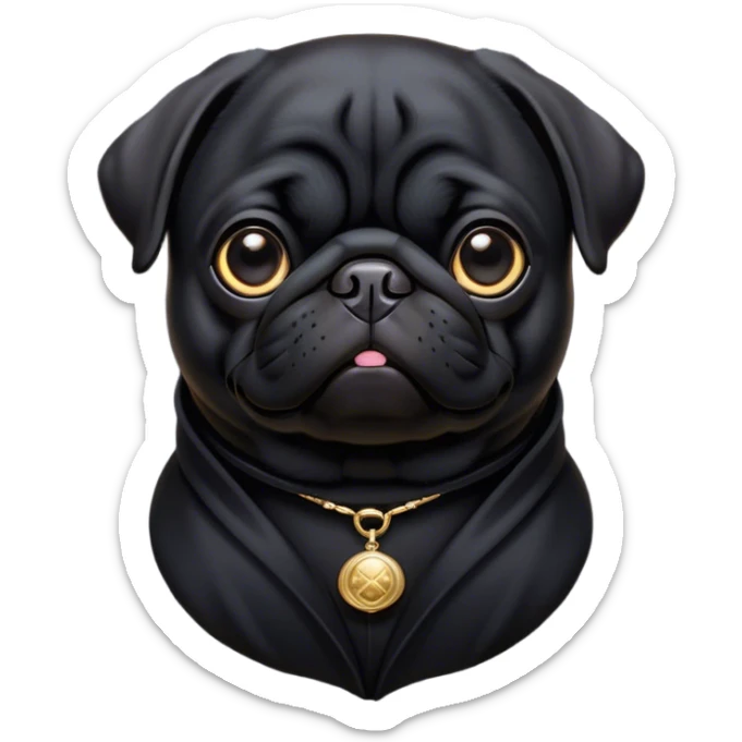 Cinematic Noble Black Pug Portrait Emoji, Poised and regal, with a compact, sturdy build and a sleek, shiny pure black coat, deep-set soulful dark eyes, Simplified yet sharp and sophisticated features, highly detailed, glowing with a soft, dignified glow, high shine, intelligent and spirited, stylized with an air of confidence, focused and attentive, soft glowing outline, capturing the essence of a watchful and commanding companion, so majestic it feels as though it could prance out of the screen with effortless authority! sticker