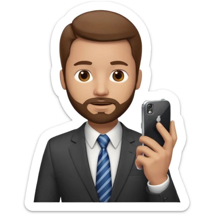 Escribano hombre con un poco de barba,  de traje con tez clara pelo color castaño, vestido con traje camisa y corbata y celular en mano .  sticker
