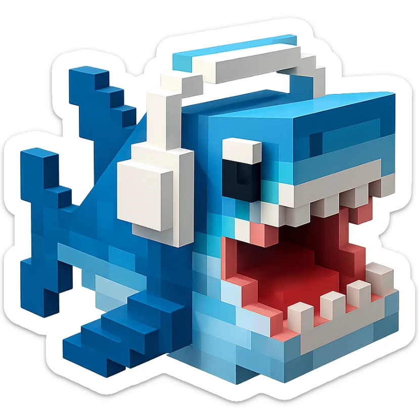 voxel style shark with white headphones, open mouth, blocky, blue and silver, no background sticker