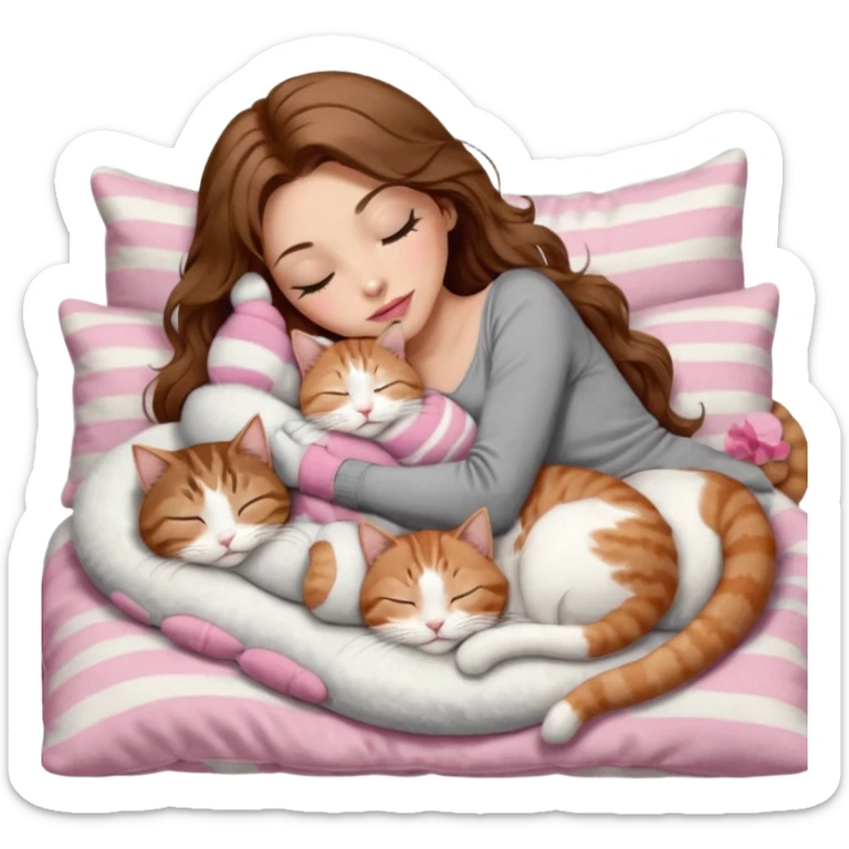 girl with long wavy brown hair, brown eyes, long lashes makeup, sexy pink lips, light to medium complexion,  sleeping on a cozy pillow, with 6 cats: 1 brown and white tabby cat, 1 ginger and white, 2 grey and white, 1 grey with white mittens and small white patch on chest and 1 calico, sleeping sticker