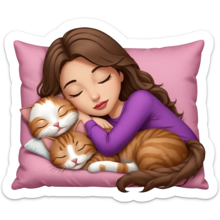 girl with long wavy brown hair, brown eyes, long lashes makeup, sexy pink lips, light to medium complexion,  sleeping on a cozy pillow, with brown tabby cat, sleeping sticker