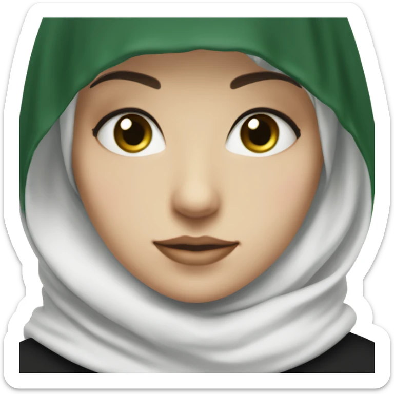 A pale girl with a black shayla hijab, and a white undercap. She has green eyes sticker