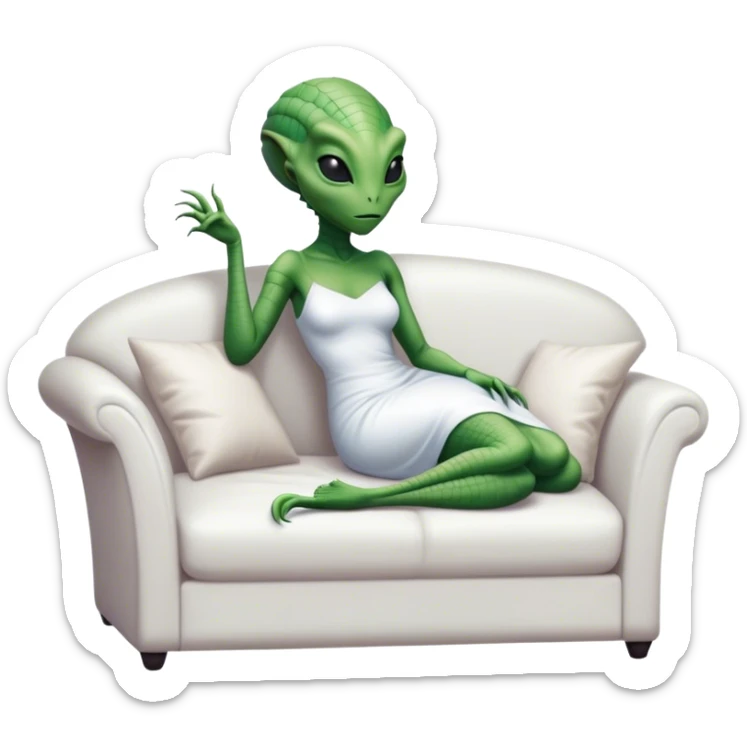 a reptilian alien woman, in white dress, lie on couch comfy, full figure sticker