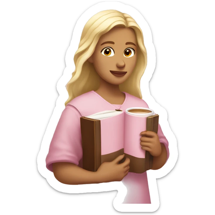 Blonde Girl holding a light pink Bible with a cross on it, and also holding a coffee sticker