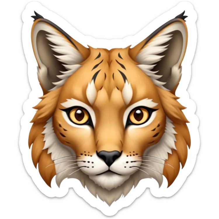 Cinematic-Noble-Lynx-Portrait-Emoji – Poised and regal, with a strong, agile build and a strikingly patterned fur of warm tawny fur accented by bold black ear tufts, deep-set, intelligent amber eyes, simplified yet sharp and sophisticated. zoomed out sticker