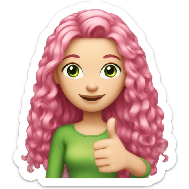 light-skinned green-eyed girl with long pink hair shows thumbs up sticker
