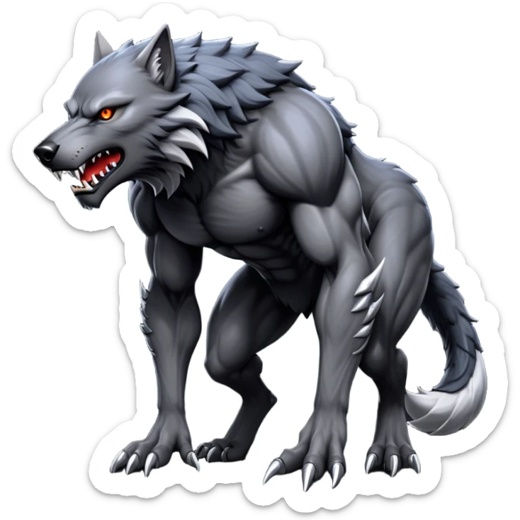 cinematic-noble-fierce-werewolf-full body on all fours-emoji, poised-and-imposing, with a tall, lean, and muscular wolfish frame inspired by the brutal, imposing shape of the beast from Berserk, fur rippling in shades of midnight black and silver, massive paws with razor-sharp claws, elongated limbs and fangs, eyes glowing with an intense, primal ferocity, reflecting the untamed power of the wild moonlit night; rendered with realism like a wolf hunched over sticker