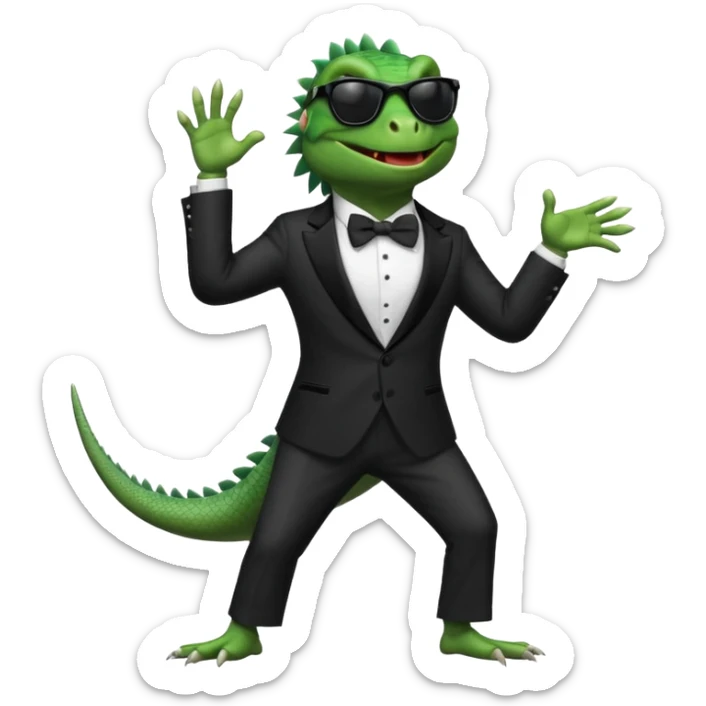 capitalist iguana banker in tuxedo and black sunglasses dancing sticker