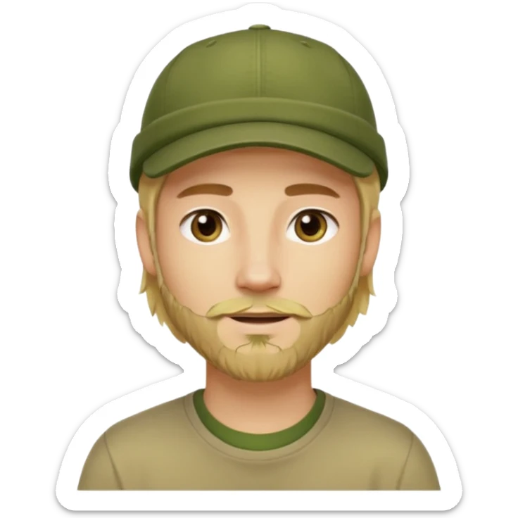 Apple emoji style young man with light skin, long blond hair, short stubble beard, dark eyes, olive green cap, friendly expression, clean shapes and soft gradients. sticker