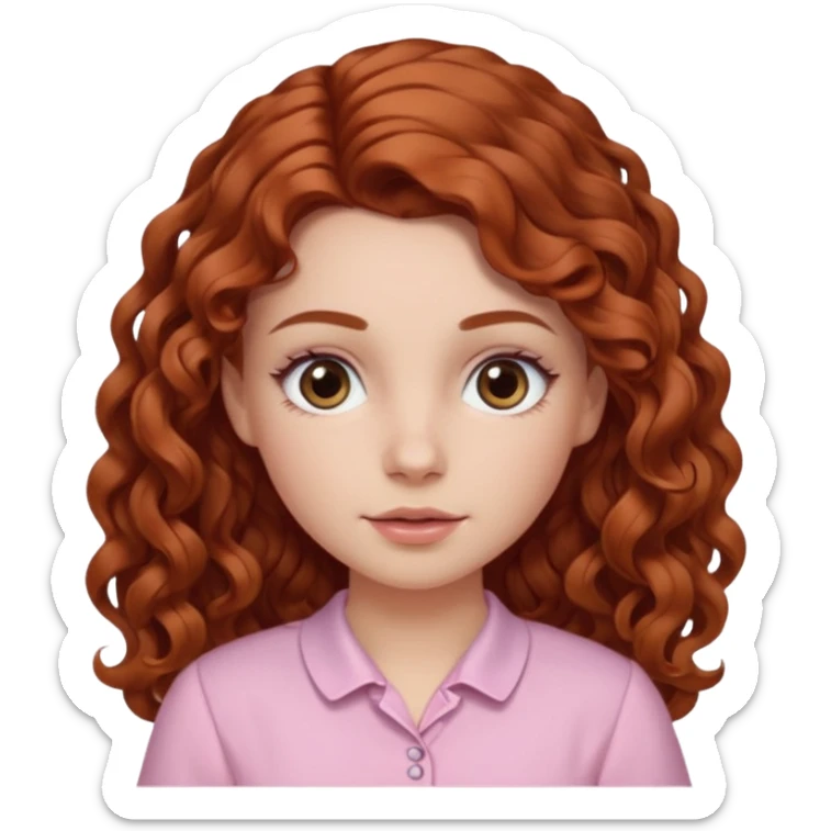 garota branca de cabelos longos cacheado partido ao meio castanho avermelhada com olhos castanhos e blusa rosa bebê sticker
