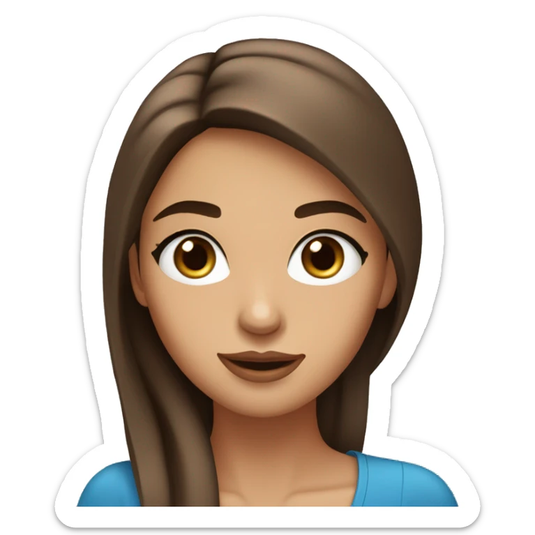 A woman with big round blue eyes, long thick brown straight hair, full lips, thin eyebrows, tanned skin, small straight nose sticker