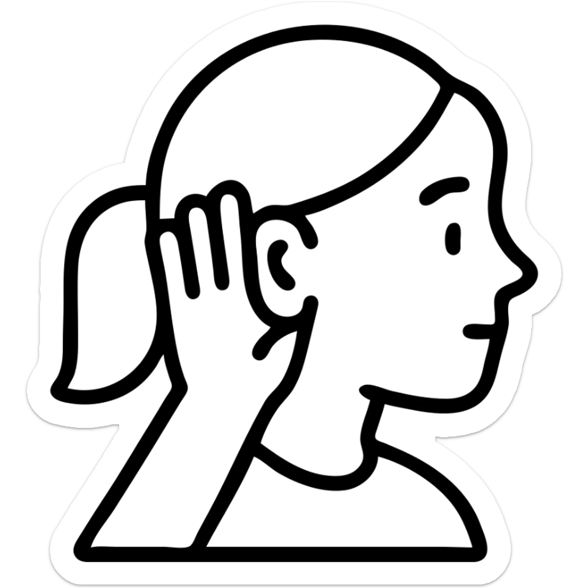 girl listening to viewer, side view, hand to ear, bold outlined icon style sticker
