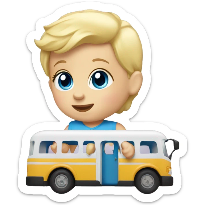 Baby playing with a toy bus blue eyes and blonde hair  sticker