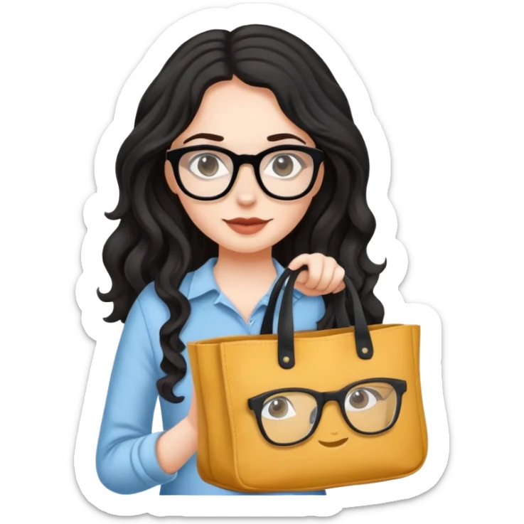 A white girl with black wavy long hair, wearing Wearing glasses and Crossing a tote bag sticker