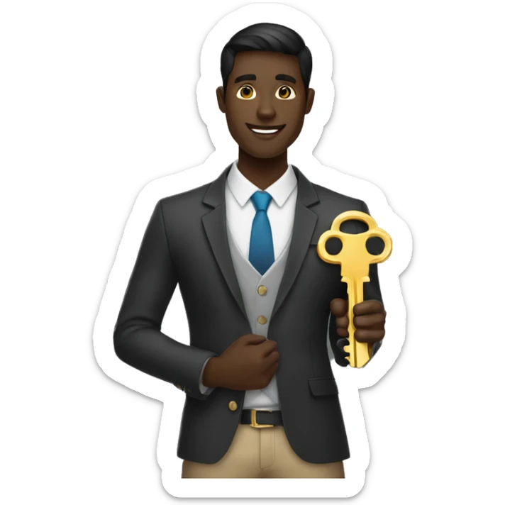male dark skin realtor holding a big golden key whitout showing his face sticker