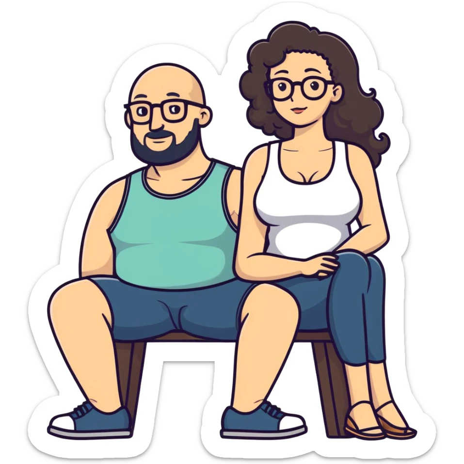 caucasian bald man with glasses and caucasian woman with no glasses, long curly dark hair and massive boobs and a tank top. Her hand is on his leg.  sticker