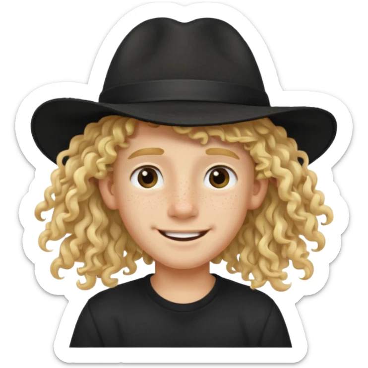 blonde boy with long curly hair past his hears and a LA hat, smiling, wearing a black shirt with freckles sticker