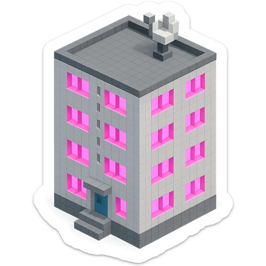 Russian panel apartment building, square block, light gray, pink glowing windows, visible entrance, satellite TV dish on the roof, isometric view sticker