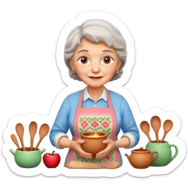 cartoon Apple iOS emoji style rural elderly woman, pastel colors, Chilean wooden kitchen background, clay pots, warm light, detailed and clean vector art sticker